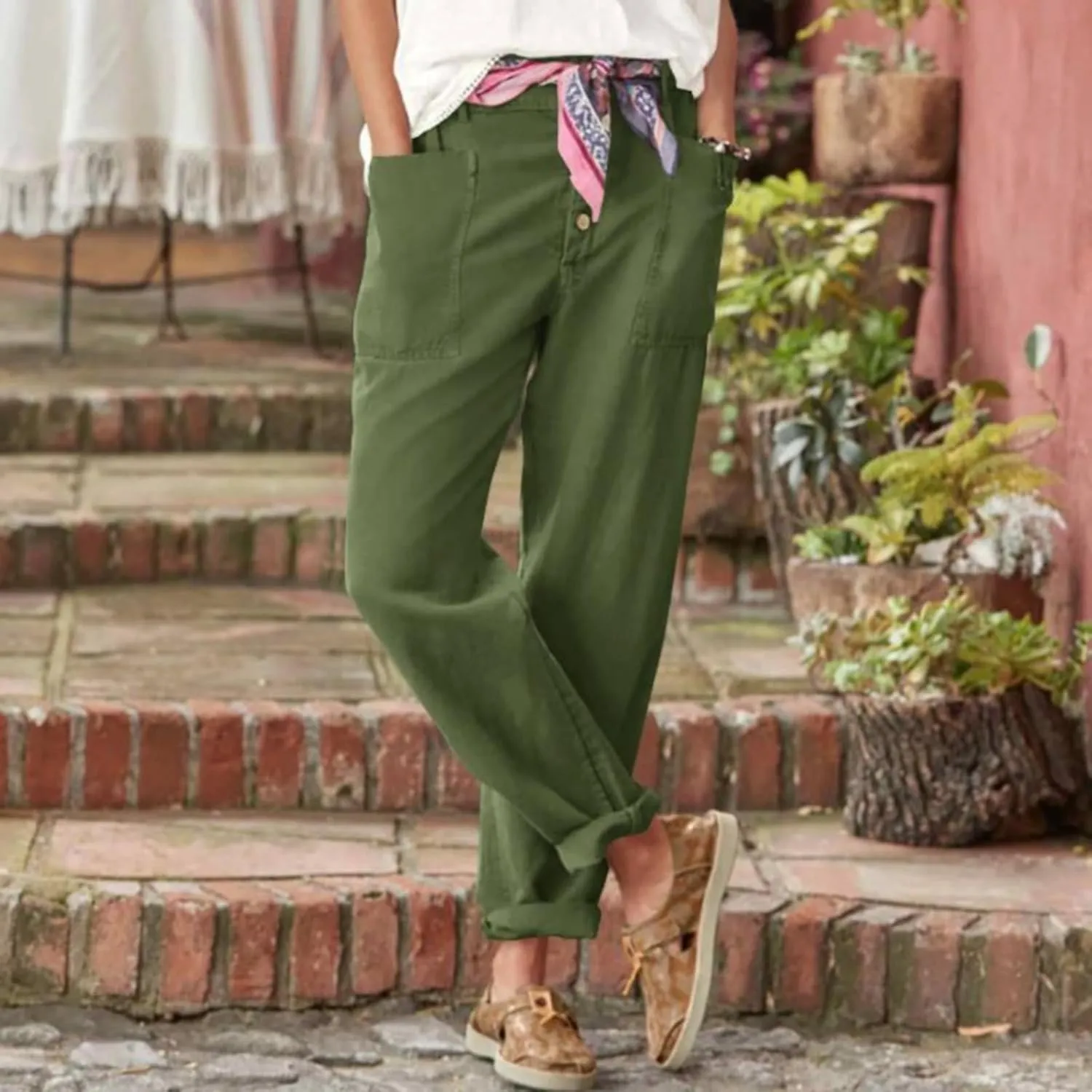 LCMTWX Casual Pants for Women Straight Wide Leg Pants with Breasted Cotton Loose Casual Pants with Denim Capris for Women