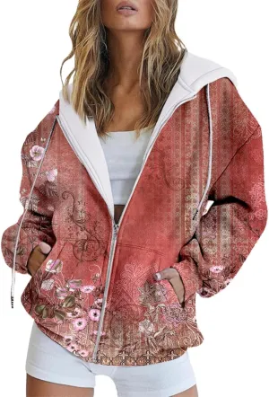 LCMTWX Fashion Autumn Butterfly Gradient Print Casual Pockets Long Sleeve Jacket Cute Drawstring Hoodie Zipper Women's