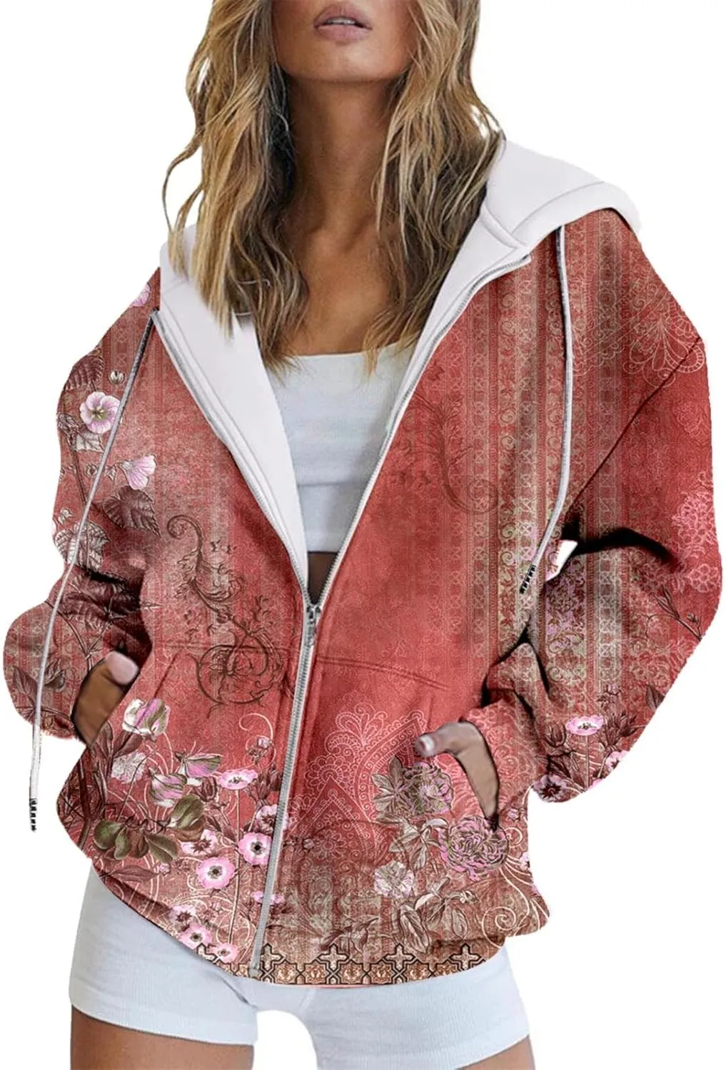LCMTWX Fashion Autumn Butterfly Gradient Print Casual Pockets Long Sleeve Jacket Cute Drawstring Hoodie Zipper Women's