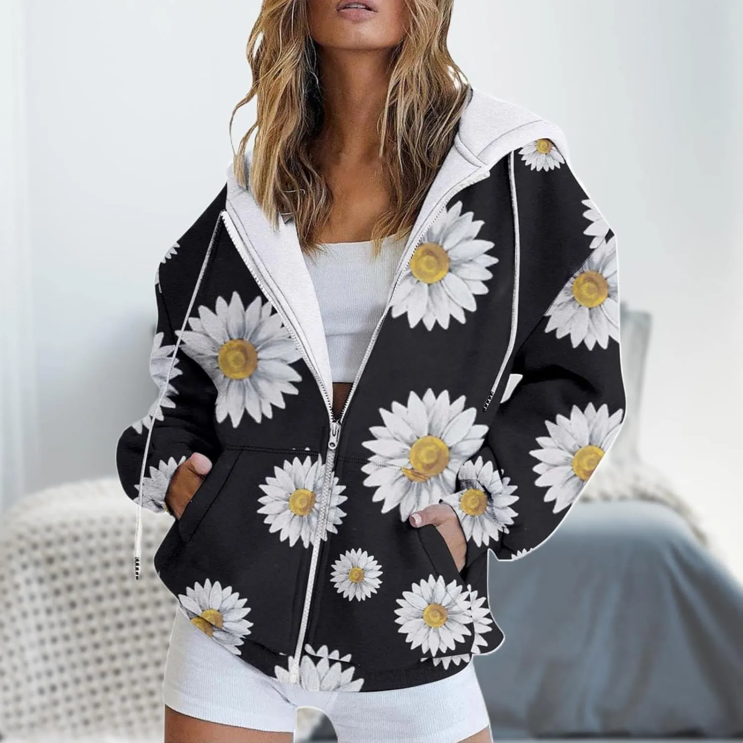 LCMTWX Fashion Autumn Butterfly Gradient Print Casual Pockets Long Sleeve Jacket Cute Drawstring Hoodie Zipper Women's