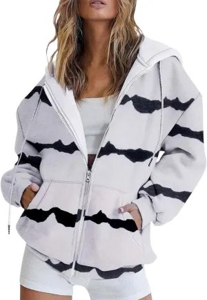 LCMTWX Fashion Autumn Butterfly Gradient Print Casual Pockets Long Sleeve Jacket Cute Drawstring Hoodie Zipper Women's