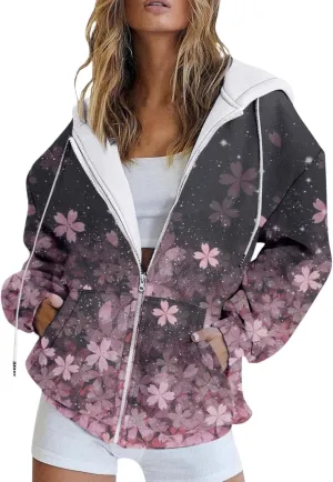 LCMTWX Fashion Autumn Butterfly Gradient Print Casual Pockets Long Sleeve Jacket Cute Drawstring Hoodie Zipper Women's