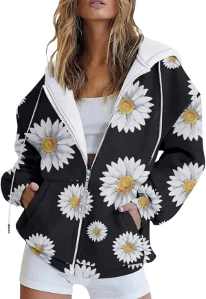 LCMTWX Fashion Autumn Butterfly Gradient Print Casual Pockets Long Sleeve Jacket Cute Drawstring Hoodie Zipper Women's