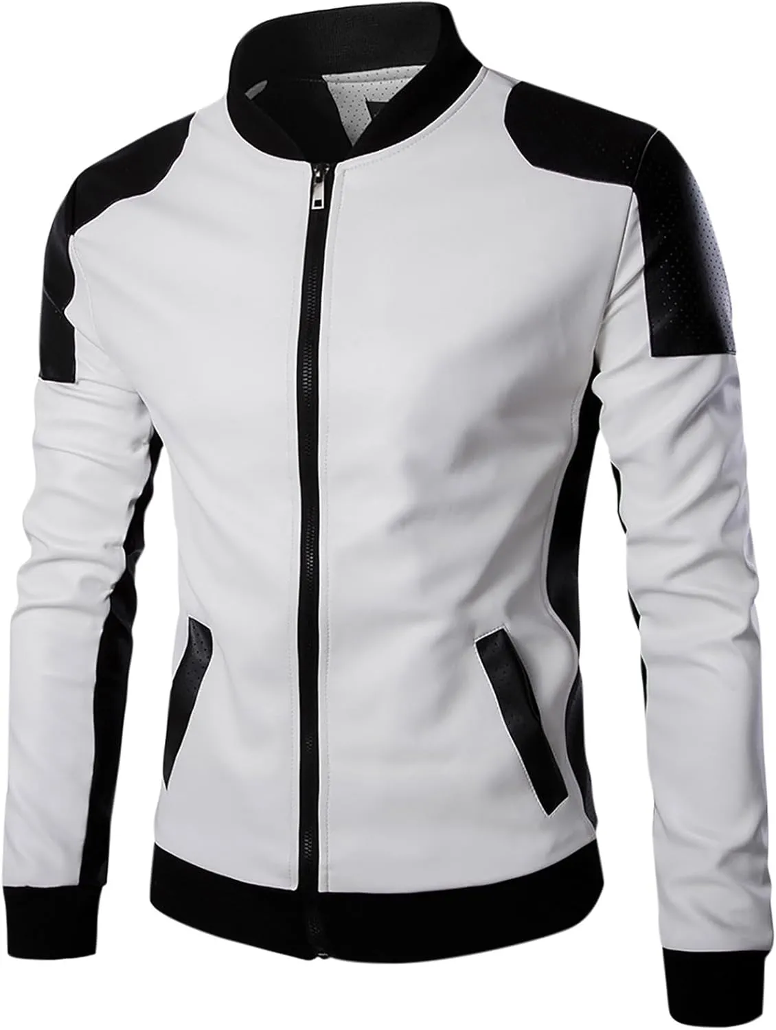 Leather Jacket Men Color Block Motorcycle Jacket Waterproof Biker Jacket Zip up PU Leather Moto Jacket Winter Coat