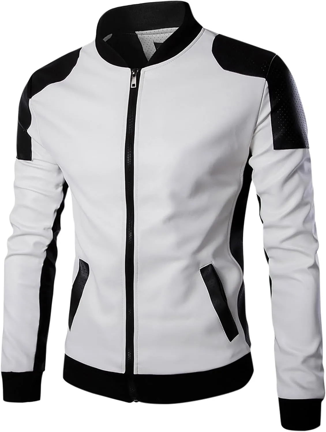Leather Jacket Men Color Block Motorcycle Jacket Waterproof Biker Jacket Zip up PU Leather Moto Jacket Winter Coat