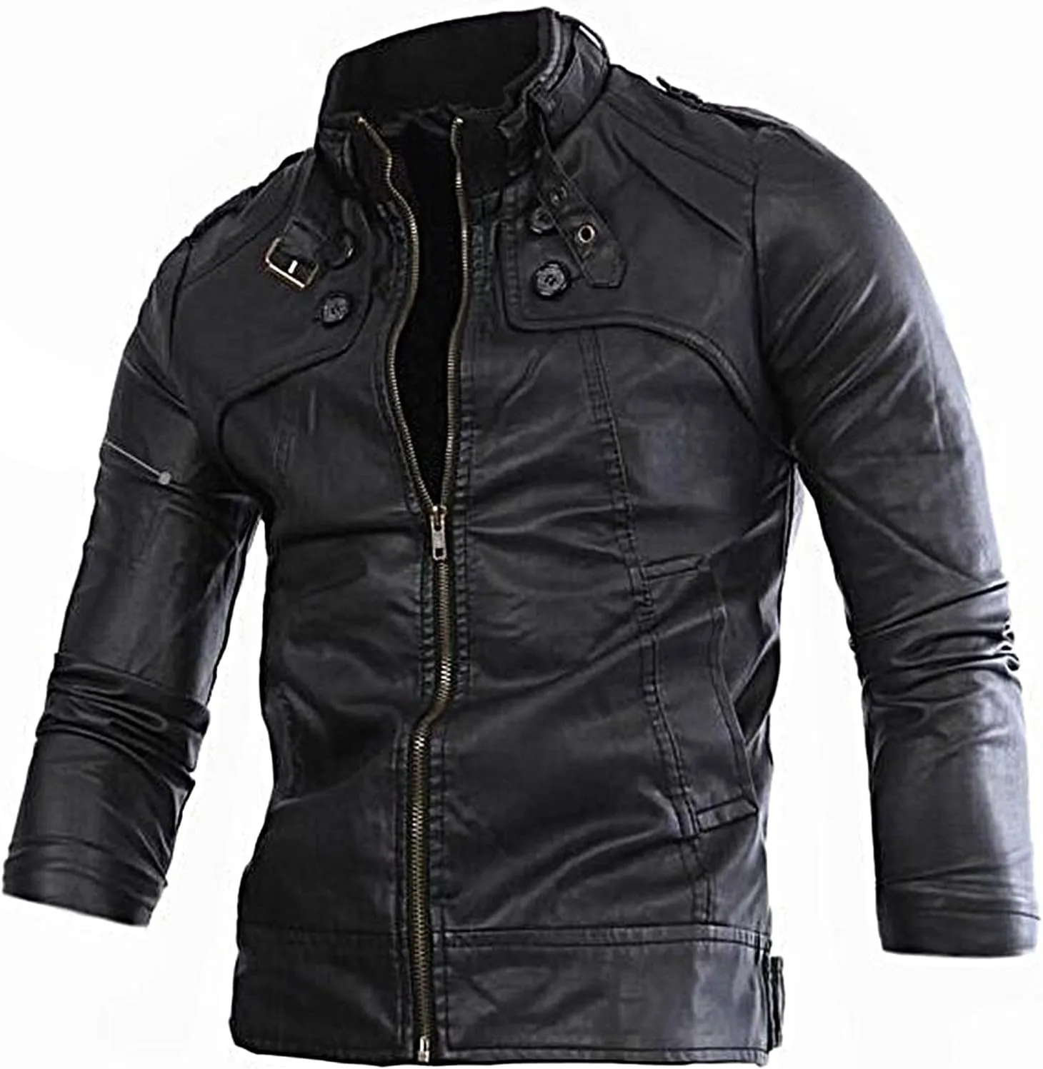 Leather Jacket Men Stand Collar Moto Jacket Zip up Biker Jacket Waterproof Windproof Winter Jacket with Zipper Pocket