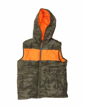 LEE Boys Hooded Padded Gilet 9-10 Years Small Khaki Camouflage Polyester Rugged Outer Shell