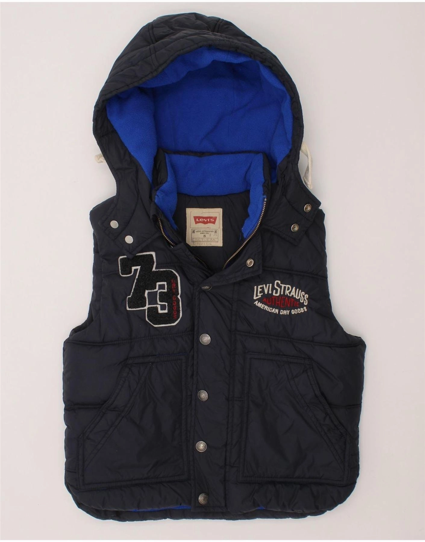 LEVI'S Boys Graphic Hooded Padded Gilet 7-8 Years Navy Blue Polyester Windshield Coat ReversibleStyle