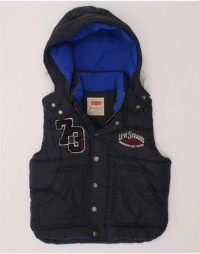 LEVI'S Boys Graphic Hooded Padded Gilet 7-8 Years Navy Blue Polyester Windshield Coat ReversibleStyle
