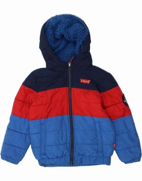 LEVI'S Boys Hooded Padded Jacket 3-4 Years Blue Colourblock Polyester Reinforced Seams Business Meeting