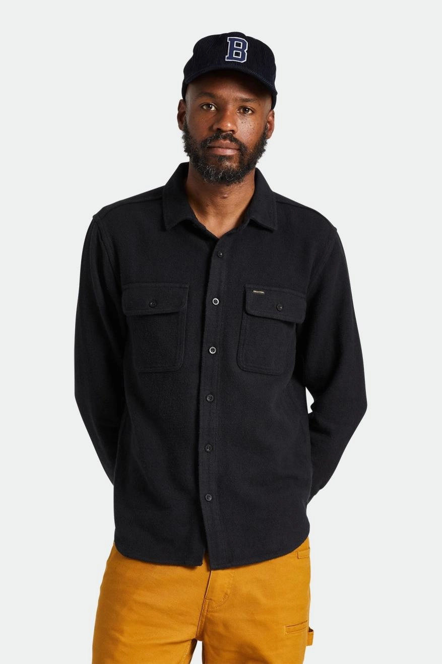 Luxury Feel Durable Buttons Bowery Textured Loop Twill L/S Overshirt - Black