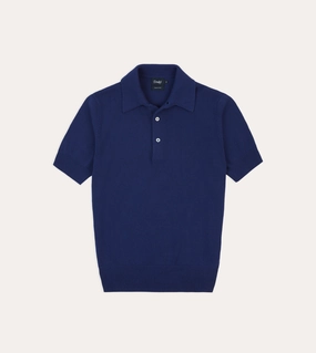 Layered Wear Blue Knitted Crepe Cotton Short-Sleeve Polo Shirt