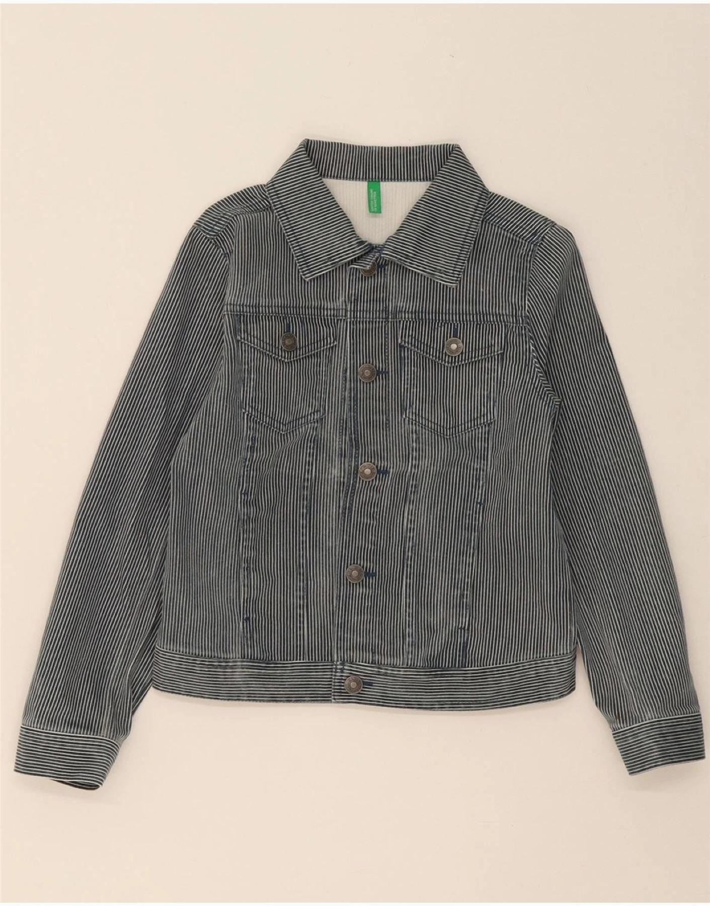 BENETTON Boys Denim Jacket 7-8 Years Medium Grey Pinstripe Cotton water - resistant