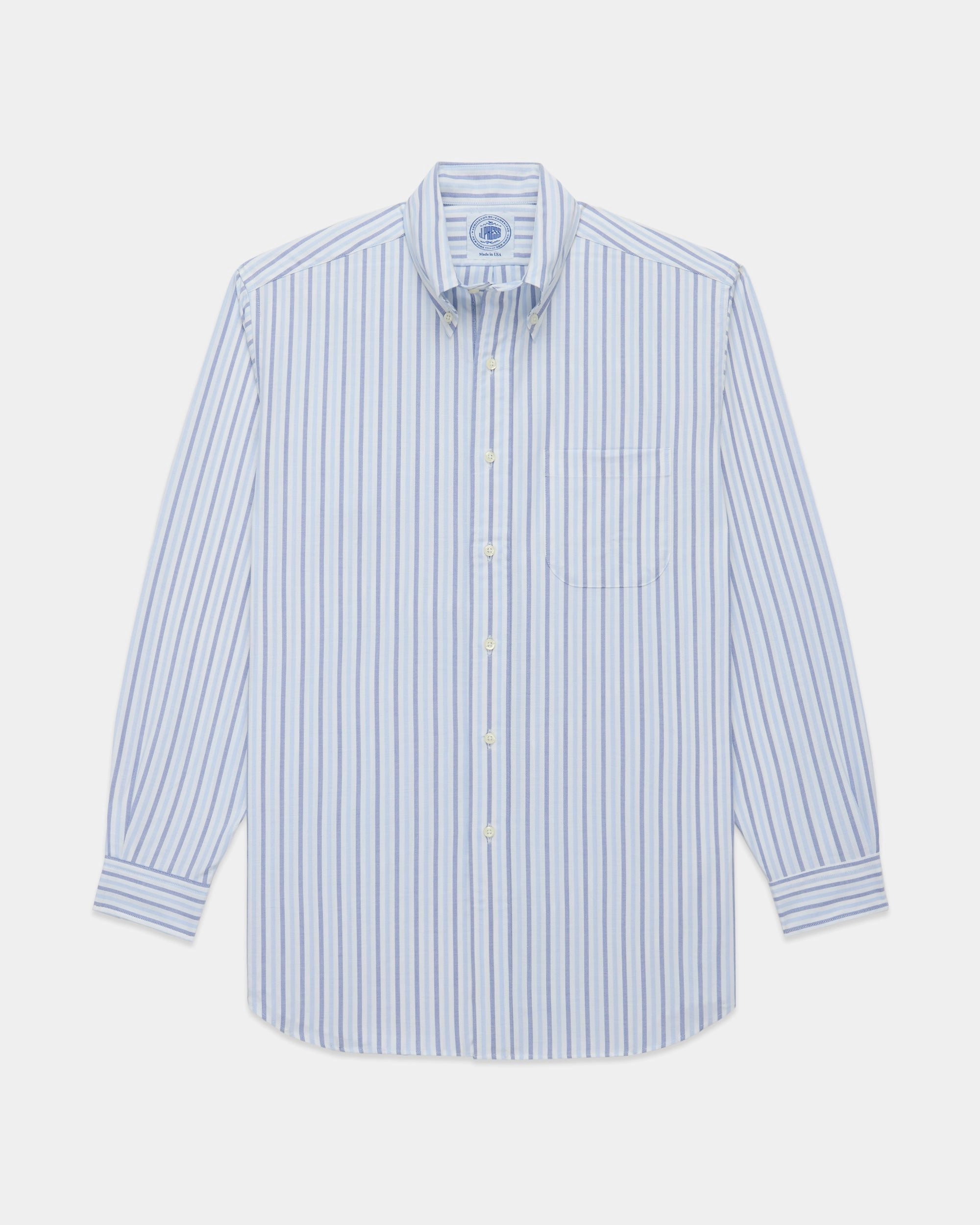 Button Down Design Printed Pattern Made-in-USA Blue & Light Blue Bold Stripe Oxford Sport Shirt - Classic Fit