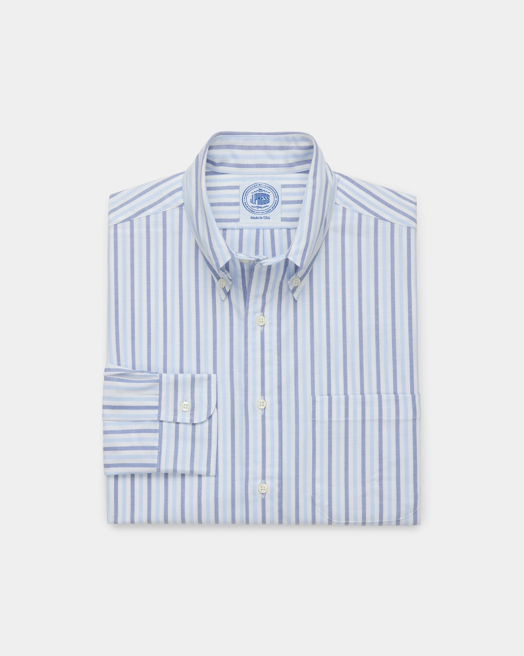 Wedding guest Made-in-USA Blue & Light Blue Bold Stripe Oxford Sport Shirt - Classic Fit