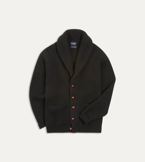Black Lambswool Shawl Collar Cardigan Flexible Side Gusset