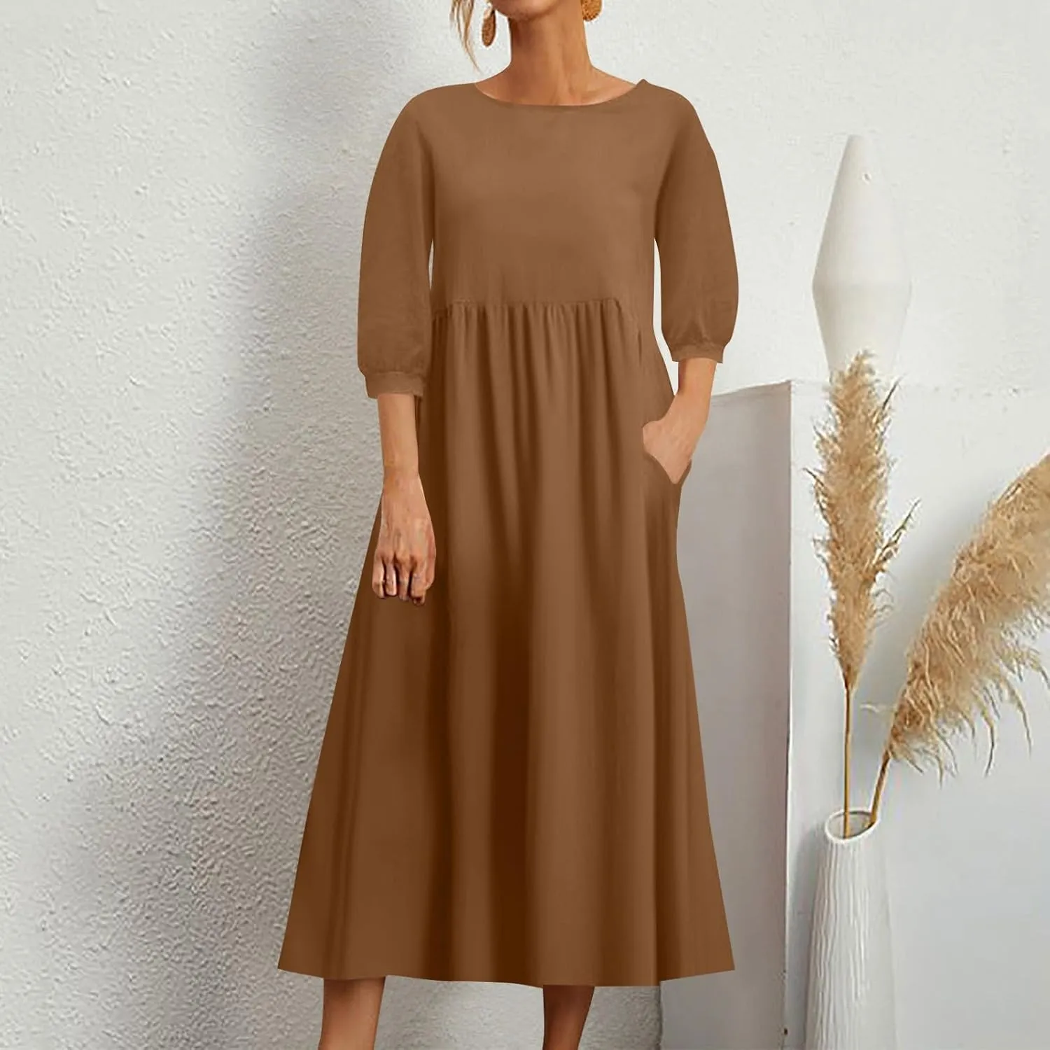 Linen 3/4 Sleeve Dress for Women Crewneck Loose Summer Dress with Pockets Boho Smocked Flowy Hem Midi T Shirt Dress