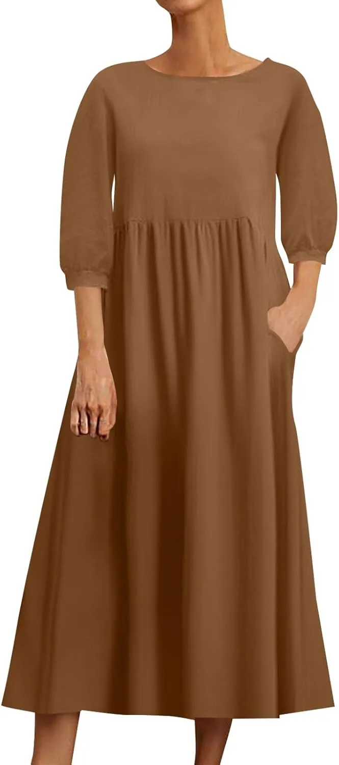 Linen 3/4 Sleeve Dress for Women Crewneck Loose Summer Dress with Pockets Boho Smocked Flowy Hem Midi T Shirt Dress