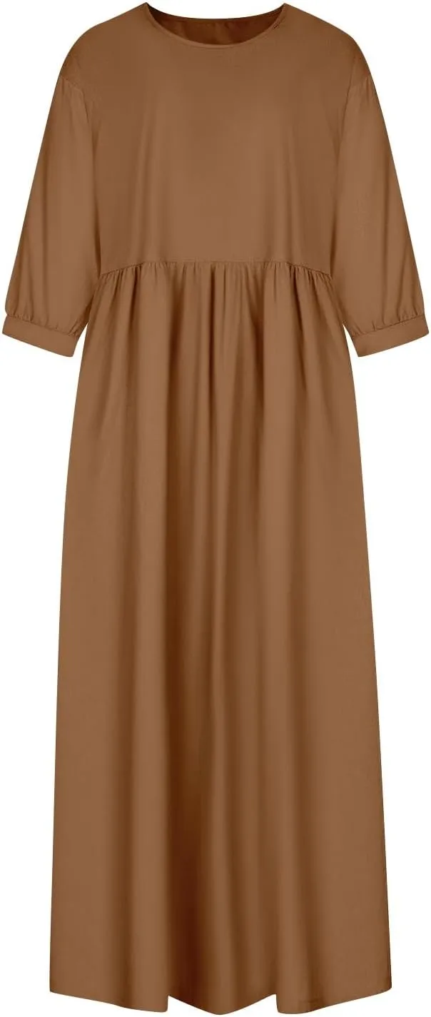 Linen 3/4 Sleeve Dress for Women Crewneck Loose Summer Dress with Pockets Boho Smocked Flowy Hem Midi T Shirt Dress