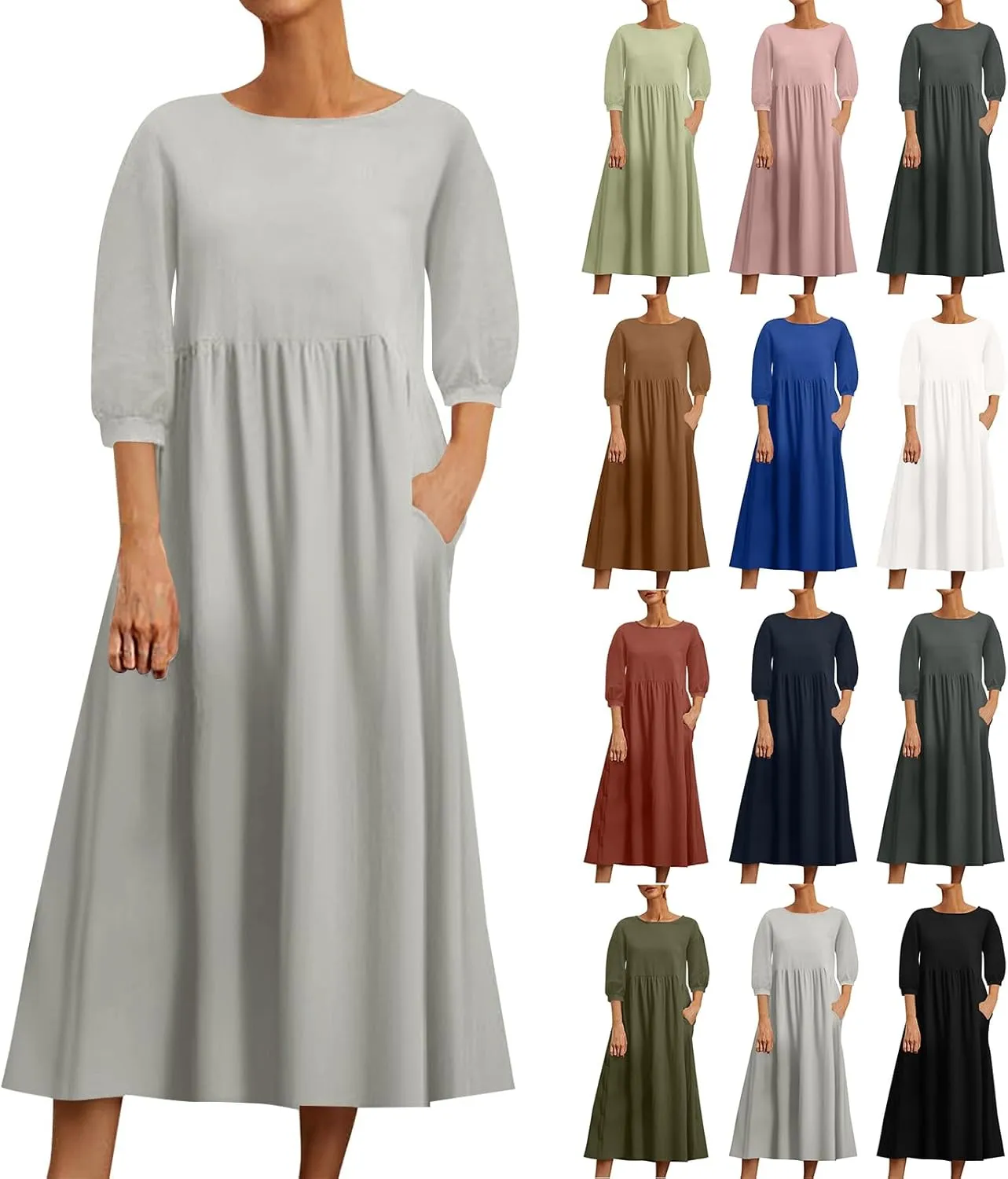 Linen 3/4 Sleeve Dress for Women Crewneck Loose Summer Dress with Pockets Boho Smocked Flowy Hem Midi T Shirt Dress