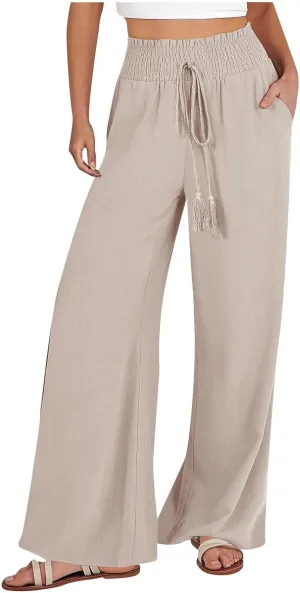 Linen Blend Yoga Pants for Women Wide Leg Comfy Loose Drawstring High Rise Smocked Pants Casual Boho Beach Pants