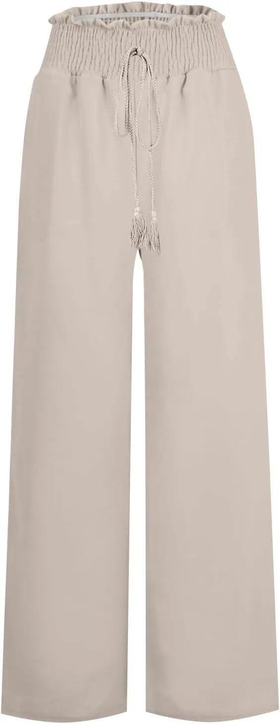 Linen Blend Yoga Pants for Women Wide Leg Comfy Loose Drawstring High Rise Smocked Pants Casual Boho Beach Pants
