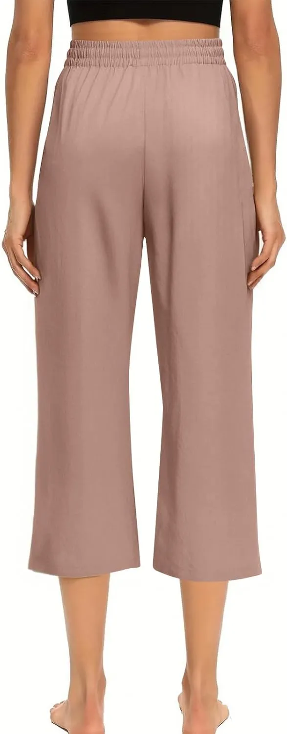 Linen Capri Pants for Women Casual Summer Drawstring Waist Capris with Pockets Wide Leg Outdoor Cropped Flare Pants