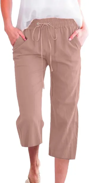 Linen Capri Pants for Women Casual Summer Drawstring Waist Capris with Pockets Wide Leg Outdoor Cropped Flare Pants