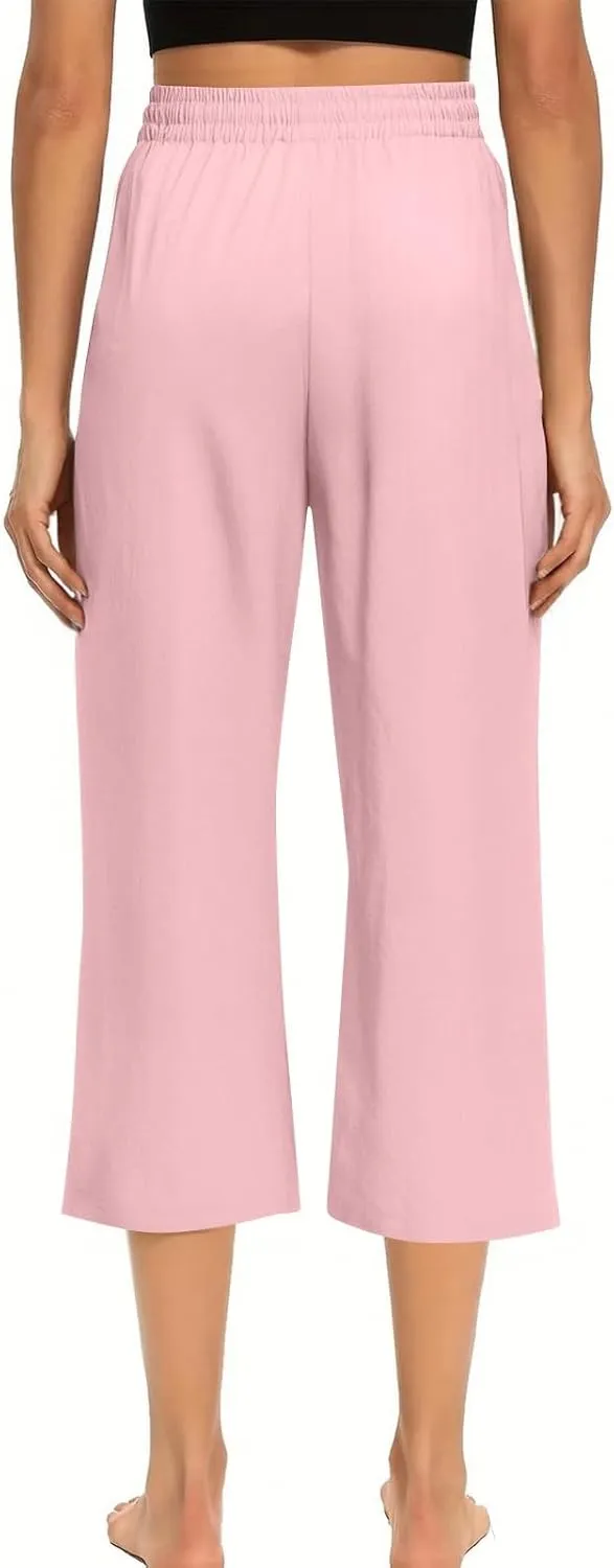 Linen Capri Pants for Women Casual Summer Drawstring Waist Capris with Pockets Wide Leg Outdoor Cropped Flare Pants