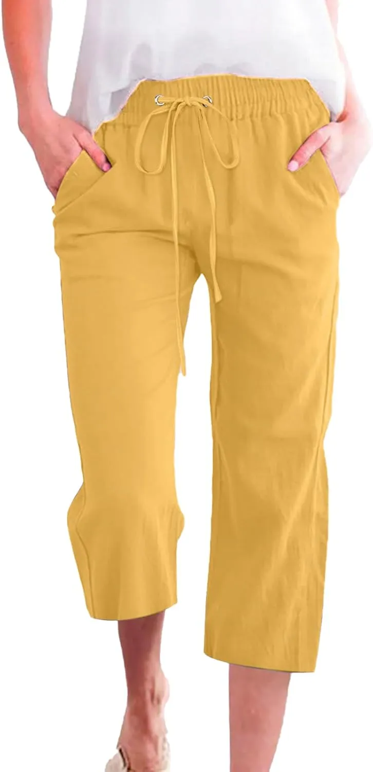 Linen Capri Pants for Women Casual Summer Drawstring Waist Capris with Pockets Wide Leg Outdoor Cropped Flare Pants