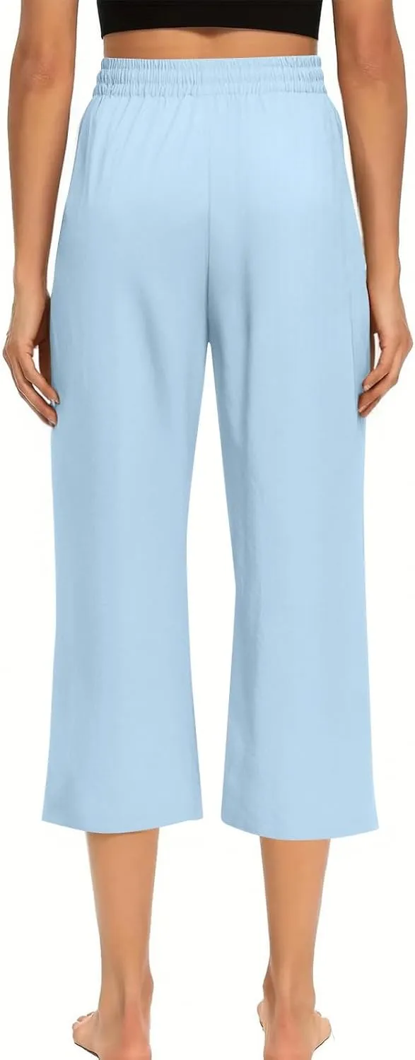 Linen Capri Pants for Women Casual Summer Drawstring Waist Capris with Pockets Wide Leg Outdoor Cropped Flare Pants