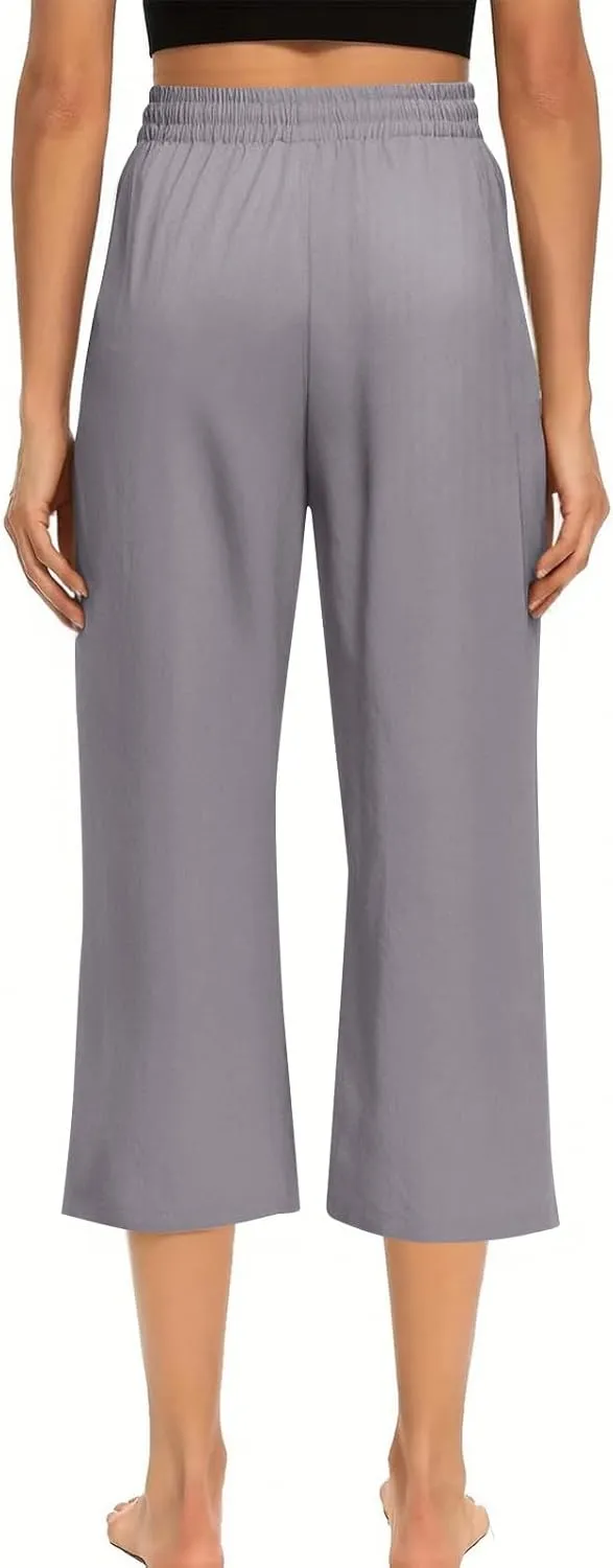 Linen Capri Pants for Women Casual Summer Drawstring Waist Capris with Pockets Wide Leg Outdoor Cropped Flare Pants