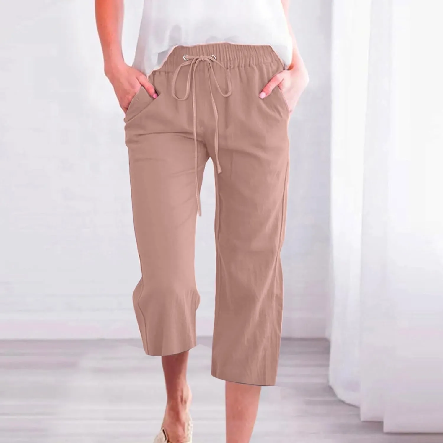 Linen Capri Pants for Women Casual Summer Drawstring Waist Capris with Pockets Wide Leg Outdoor Cropped Flare Pants