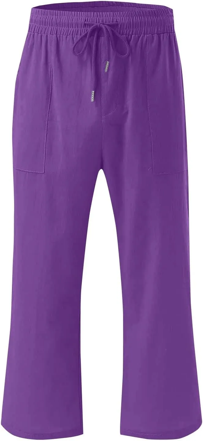 Linen Capri Pants for Women Casual Summer Drawstring Waist Capris with Pockets Wide Leg Outdoor Cropped Flare Pants