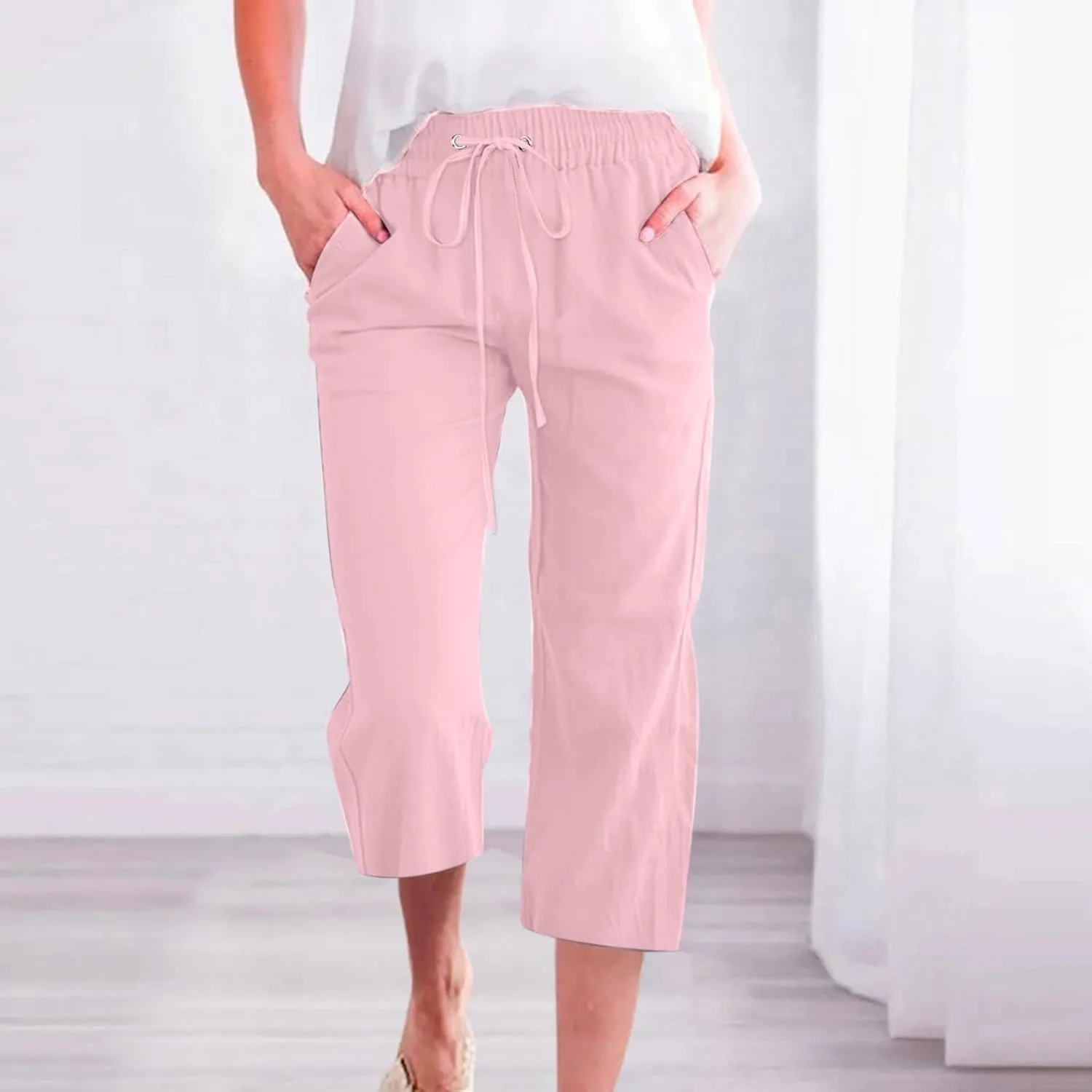 Linen Capri Pants for Women Casual Summer Drawstring Waist Capris with Pockets Wide Leg Outdoor Cropped Flare Pants