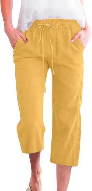 Linen Capri Pants for Women Casual Summer Drawstring Waist Capris with Pockets Wide Leg Outdoor Cropped Flare Pants