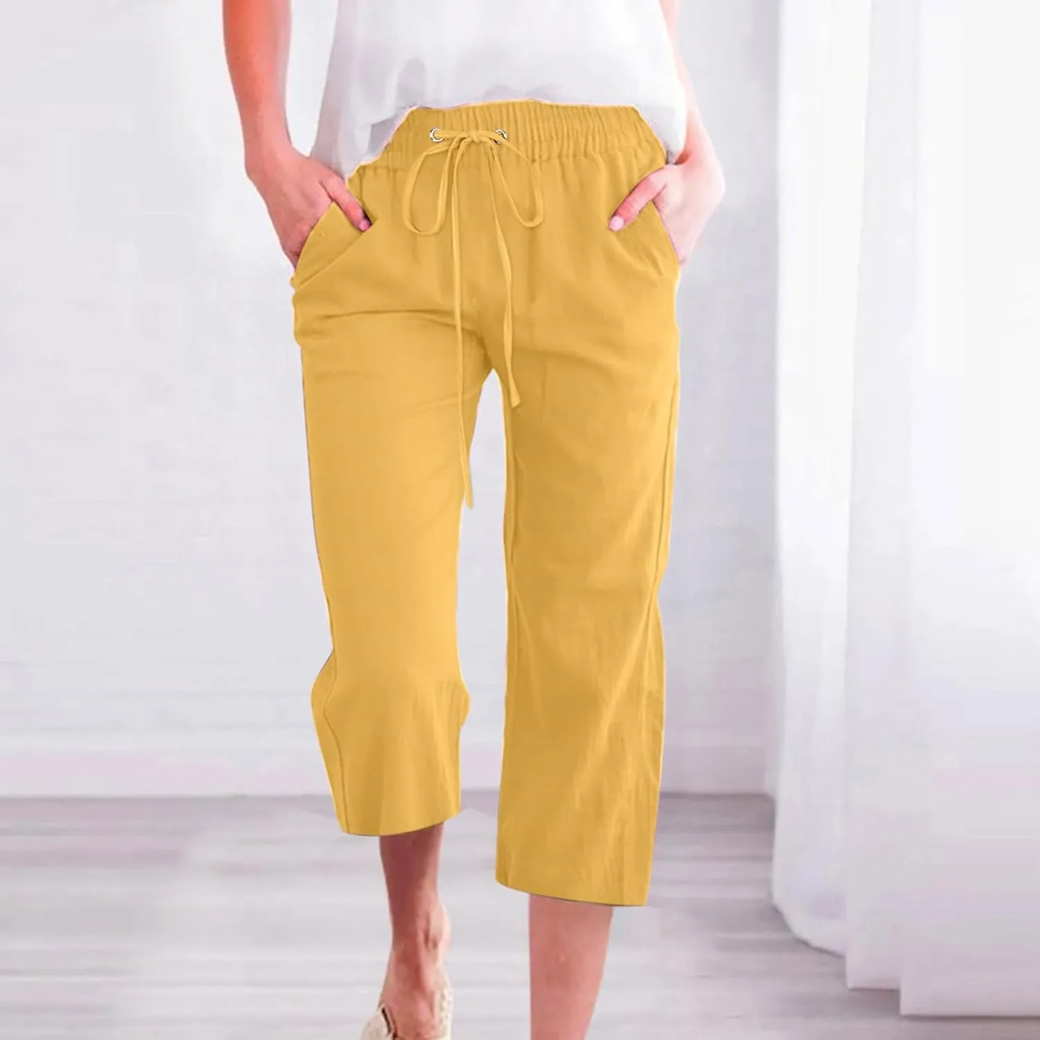 Linen Capri Pants for Women Casual Summer Drawstring Waist Capris with Pockets Wide Leg Outdoor Cropped Flare Pants