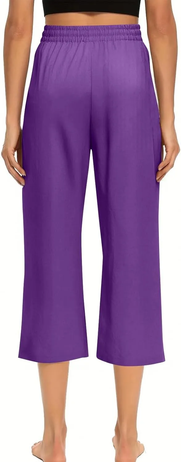 Linen Capri Pants for Women Casual Summer Drawstring Waist Capris with Pockets Wide Leg Outdoor Cropped Flare Pants