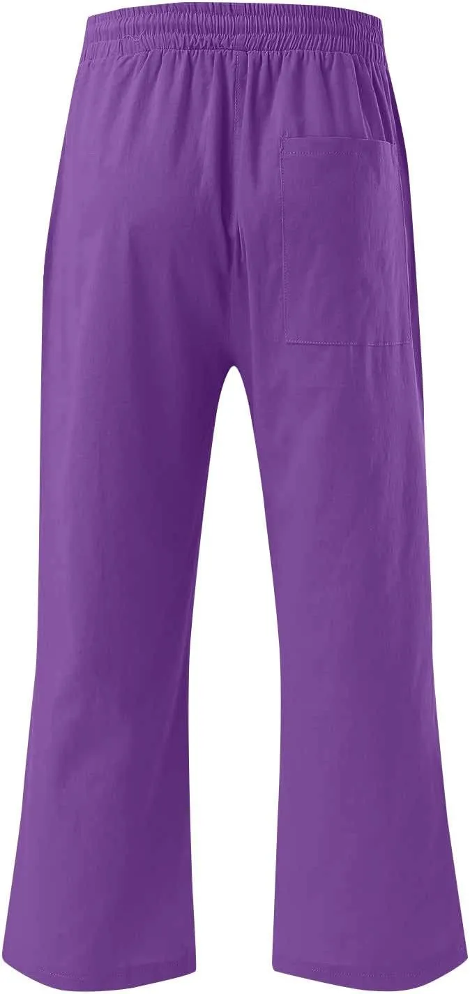 Linen Capri Pants for Women Casual Summer Drawstring Waist Capris with Pockets Wide Leg Outdoor Cropped Flare Pants