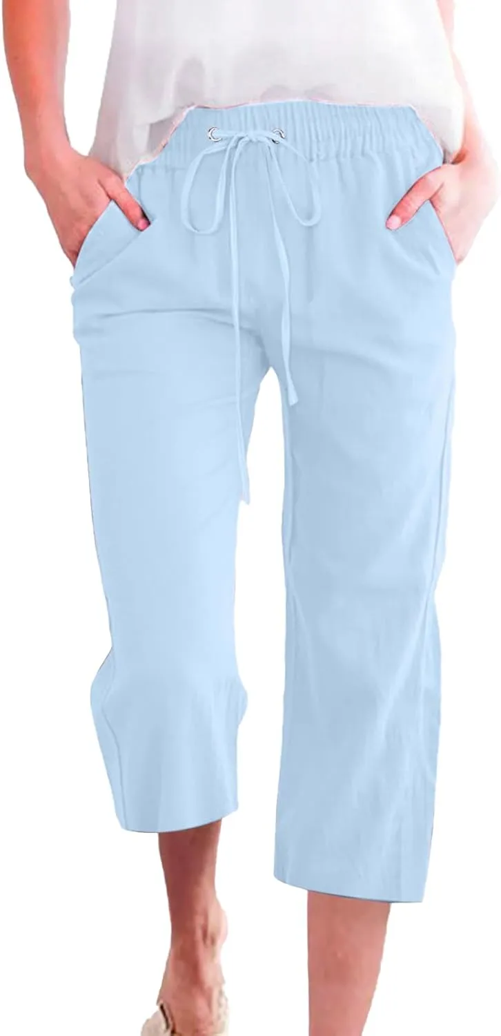 Linen Capri Pants for Women Casual Summer Drawstring Waist Capris with Pockets Wide Leg Outdoor Cropped Flare Pants