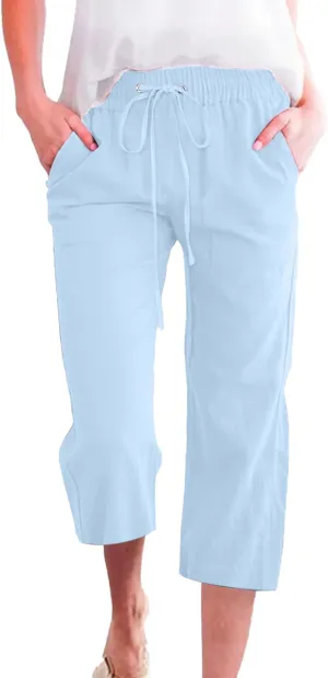 Linen Capri Pants for Women Casual Summer Drawstring Waist Capris with Pockets Wide Leg Outdoor Cropped Flare Pants
