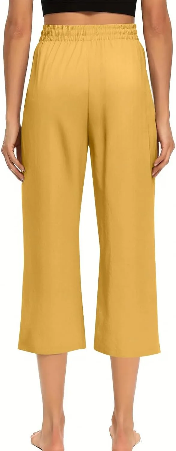 Linen Capri Pants for Women Casual Summer Drawstring Waist Capris with Pockets Wide Leg Outdoor Cropped Flare Pants