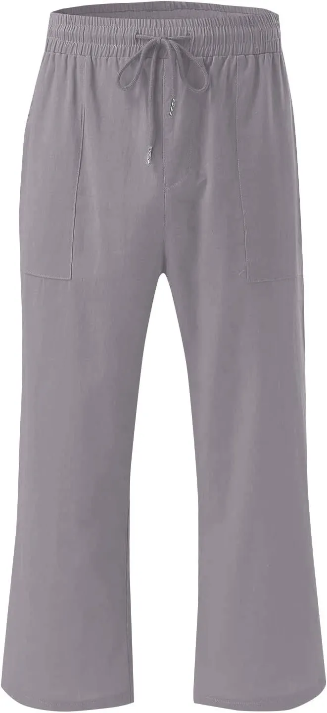 Linen Capri Pants for Women Casual Summer Drawstring Waist Capris with Pockets Wide Leg Outdoor Cropped Flare Pants