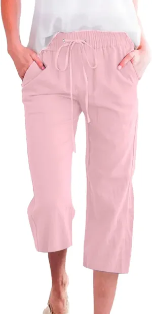 Linen Capri Pants for Women Casual Summer Drawstring Waist Capris with Pockets Wide Leg Outdoor Cropped Flare Pants