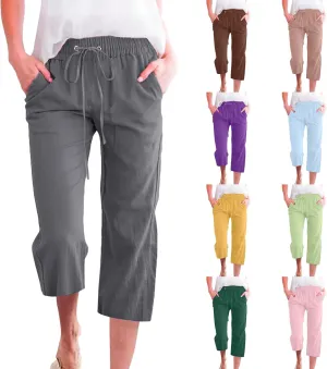 Linen Capri Pants for Women Casual Summer Drawstring Waist Capris with Pockets Wide Leg Outdoor Cropped Flare Pants