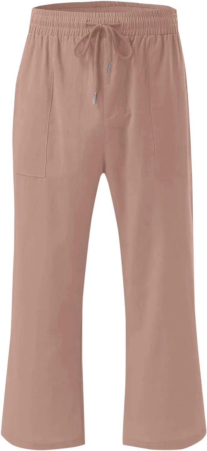 Linen Capri Pants for Women Casual Summer Drawstring Waist Capris with Pockets Wide Leg Outdoor Cropped Flare Pants