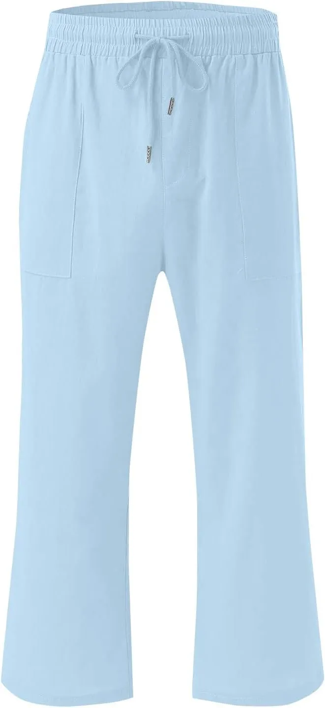 Linen Capri Pants for Women Casual Summer Drawstring Waist Capris with Pockets Wide Leg Outdoor Cropped Flare Pants