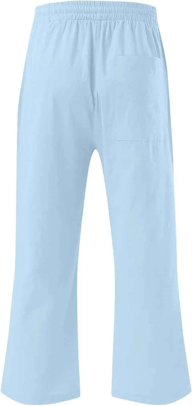 Linen Capri Pants for Women Casual Summer Drawstring Waist Capris with Pockets Wide Leg Outdoor Cropped Flare Pants