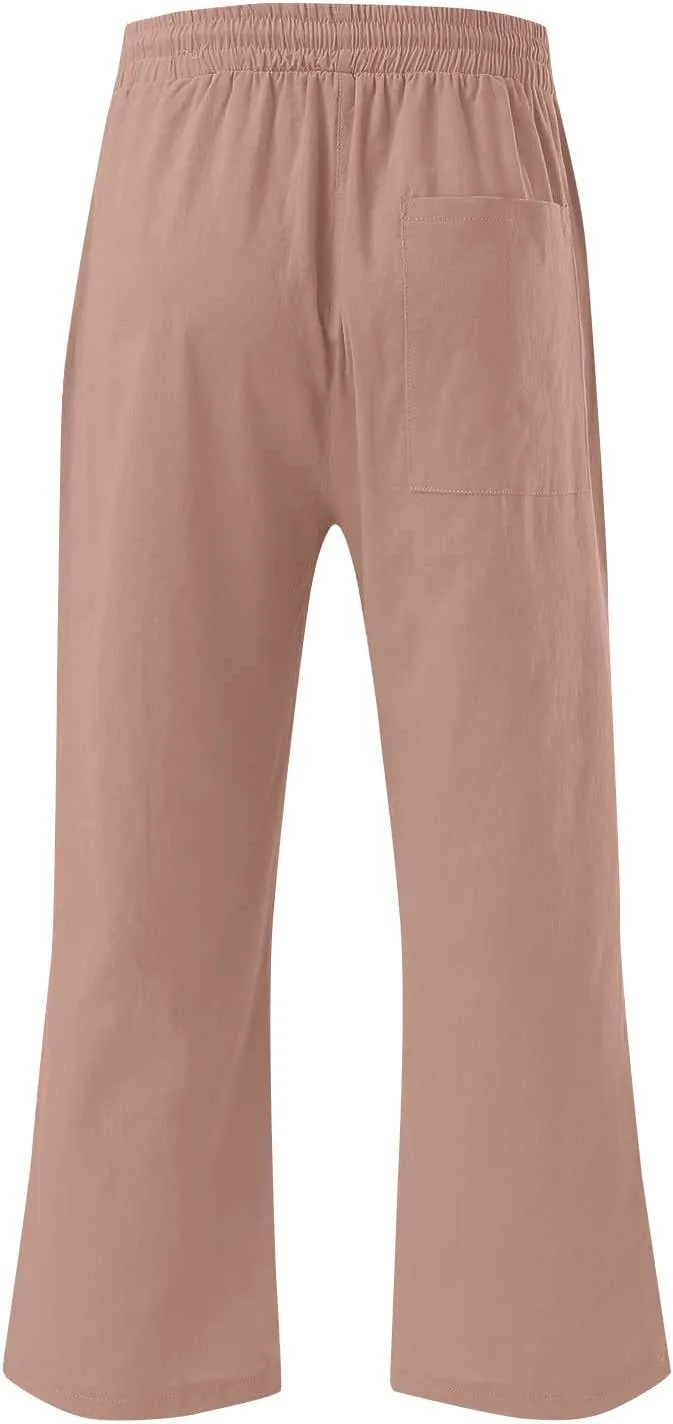 Linen Capri Pants for Women Casual Summer Drawstring Waist Capris with Pockets Wide Leg Outdoor Cropped Flare Pants