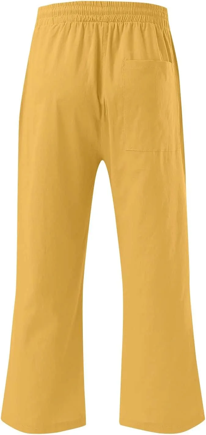 Linen Capri Pants for Women Casual Summer Drawstring Waist Capris with Pockets Wide Leg Outdoor Cropped Flare Pants